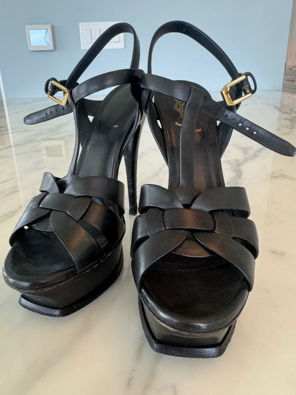 Saint Laurent Black Leather Woven T-Strap Heels with Gold Buckle - Picture 8 of 10